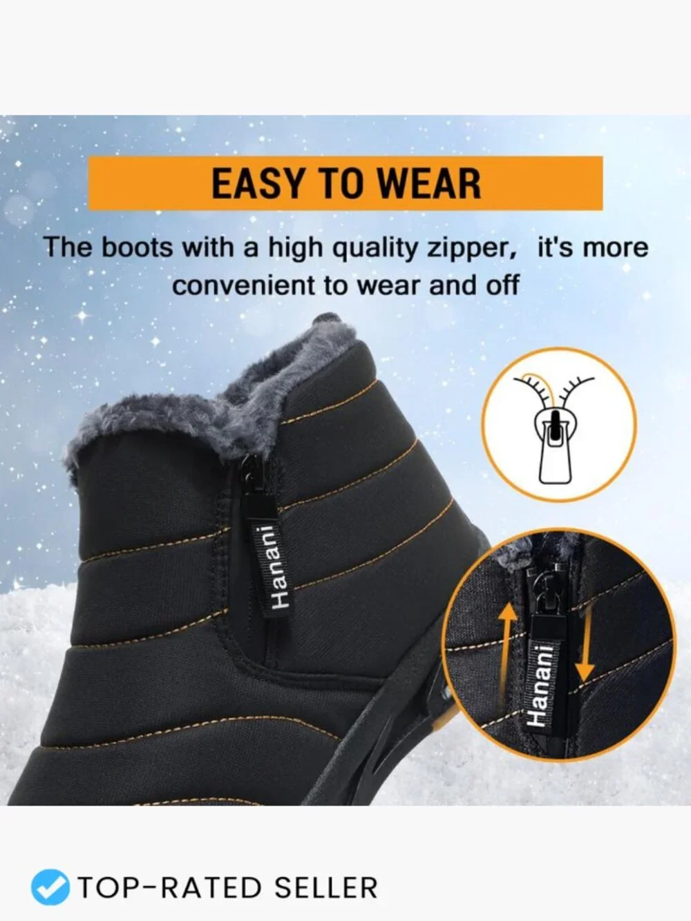 Men's Waterproof Snow Boots Warm Fur Lined Ankle Boots with Side Zipper Slip On